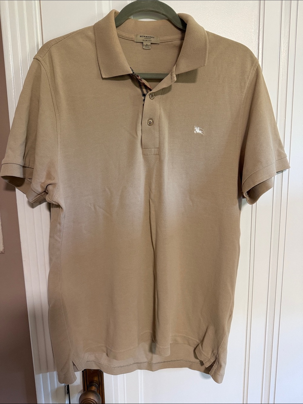 Burberry Men’s Polo Shirt — Khaki Tan with Signature Check Trim
